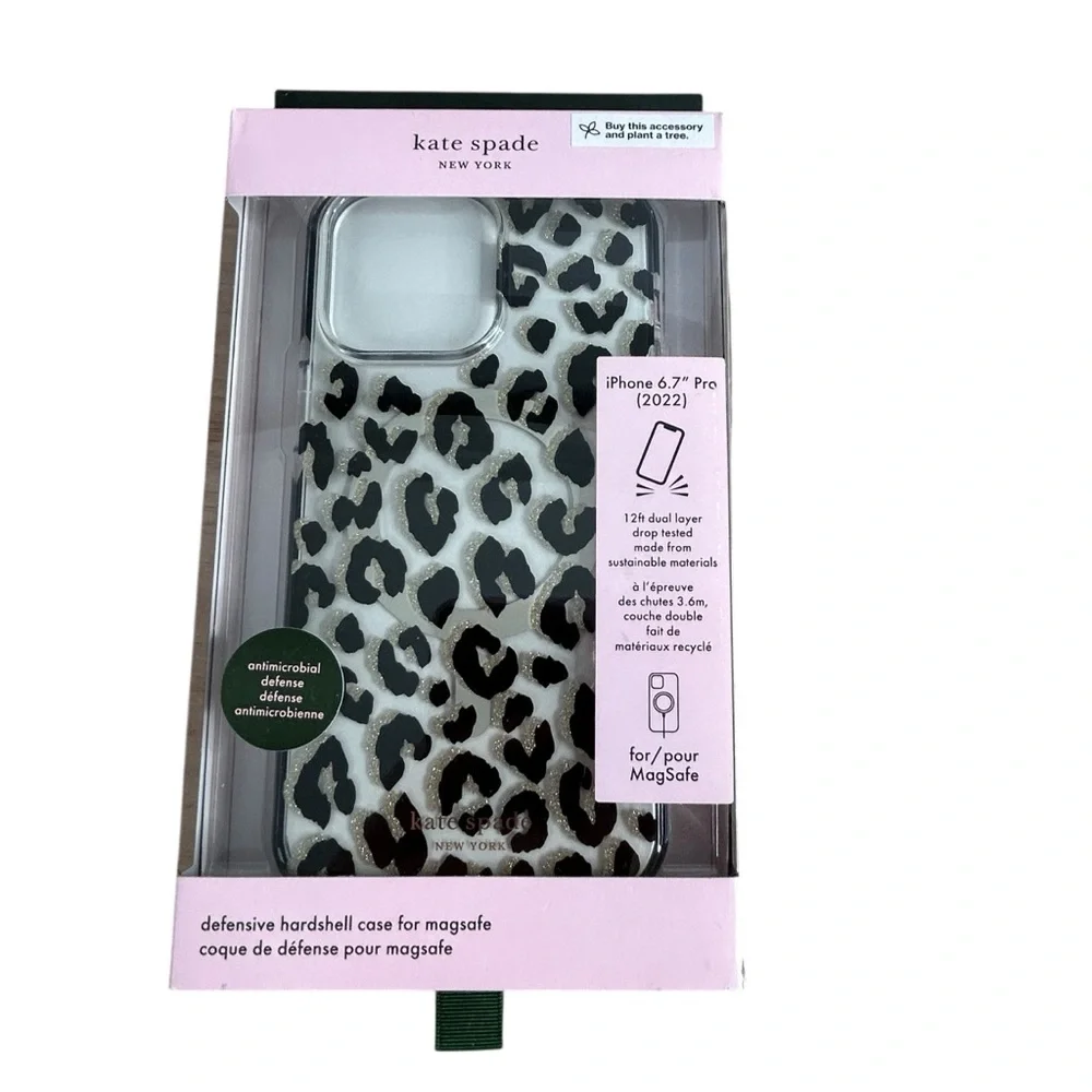 Kate Spade iphone 14 Plus Case Hardshell Magsafe 6.7 In Leopard NEW